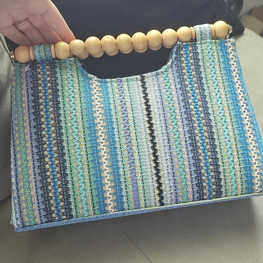 Striped Turquoise Blue and Green Handbag with Wooden Handles